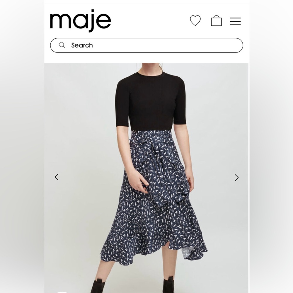 Maje Black Top with Navy and White Printed Midi Skirt